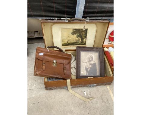 A VINTAGE LEATHER TRAVEL CASE, A BRIEFCASE AND A FRAMED PRINT 