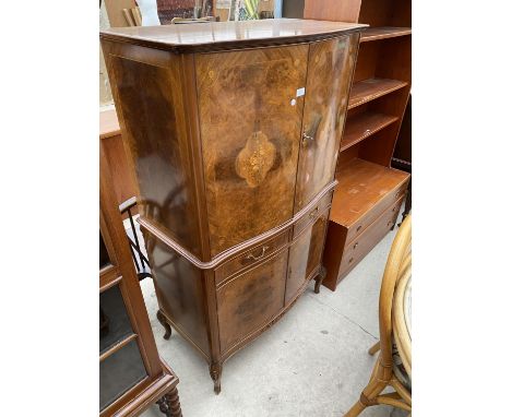 A WALNUT AND MARQUETRY INLAID COCKTAIL CABINET ON CABRIOLE LEGS, BEARING LABEL H&amp;L EPSTEIN (L&amp;M) LTD, HALE TRADE MARK