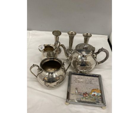 A THREE PIECE VINTAGE ETCHED SILVER PLATED TEA SET TO INCLUDE TEAPOT, SUGAR BOWL AND CREAM JUG PLUS THREE POSIE HOLDERS 