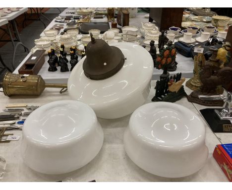 THREE OPAQUE GLASS LIGHT SHADES, ONE LARGE AND TWO SMALLER, DIAMETERS APPROX 35CM AND 26CM 