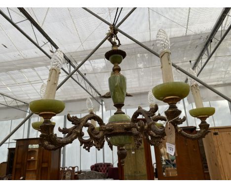 A BRASS AND ONYX SIX BRANCH CHANDELIER STYLE LIGHT FITTING 