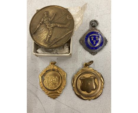 FOUR VINTAGE FOOTBALL MEDALS TO INCLUDE ONE HALLMARKED SILVER 