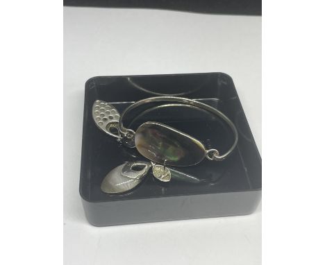 A MARKED SILVER BANGLE WITH STONE AND A PAIR OF EARRINGS ALSO SILVER 