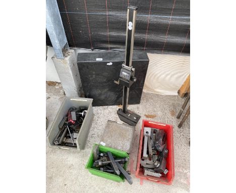 AN ASSORTMENT OF ENGINEERS TOOLS TO INCLUDE BLOCKS, STANDS AND A HEIGHT GUAGE ETC 