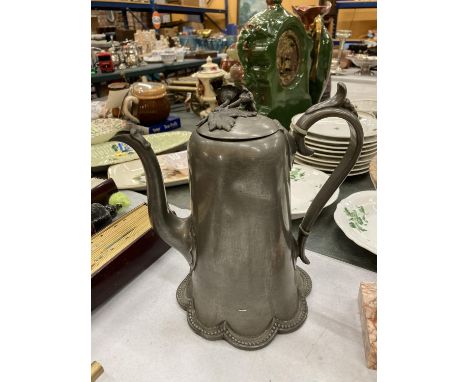 A VINTAGE JAMES DIXON AND SONS PEWTER COFFEE POT WITH FLUTED BOTTOM AND FLOWER FINIAL 