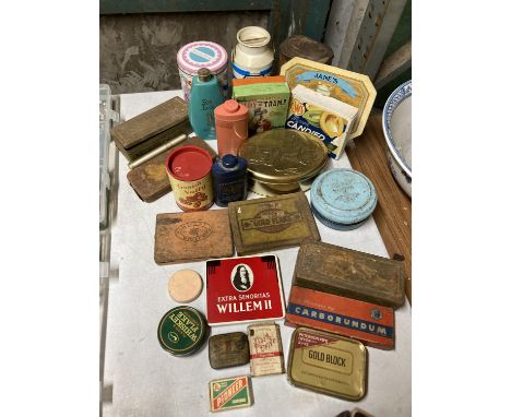 A COLLECTION OF VINTAGE TINS AND TALC BOTTLES 