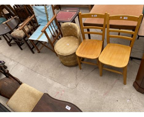 AN ERCOL ELBOW CHAIR, DIRECTORY CHAIR, TWO KITCHEN CHAIRS AND BEDROOM CHAIR 