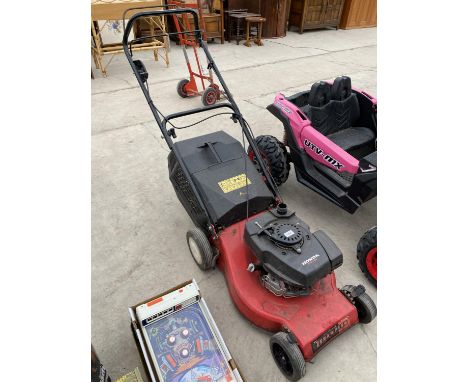 A CHAMPION LAWN MOWER WITH HONDA PETROL ENGINE AND GRASS BOX 