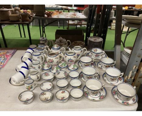A QUANTITY OF VINTAGE BOOTHS TEAWARE TO INCLUDE CUPS, SAUCERS, JUGS WITH PEWTER LIDS, SIDE PLATES, FINGER BOWLS, ETC 