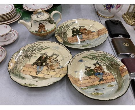 FOUR PIECES OF ROYAL DOULTON 'THE GALLANT FISHERS' SERIES WARE TO INCLUDE A TEAPOT, 26CM WALL PLATE, FLUTED RIM PLATE AND BOW