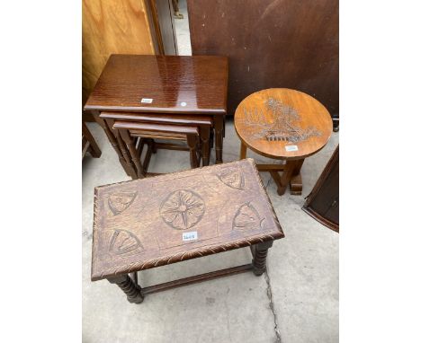AN OAK JACOBEAN STYLE STOOL WITH CARVED TOP AND BOBBIN LEGS, MODERN NEST OF THREE TABLES AND HARDWOOD 14" DIAMETER FOLDING TA