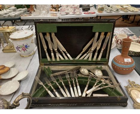 A MAHOGANY CASED CANTEEN OF CUTLERY WITH MOTHER OF PEARL HANDLES 