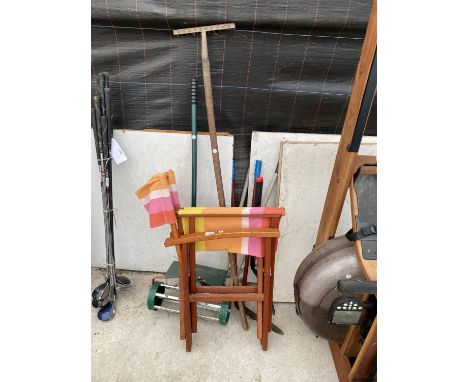 A FOLDING DIRECTORS CHAIR AND AN ASSORTMENT OF GARDEN TOOLS TO INCLUDE SHEARS ETC 