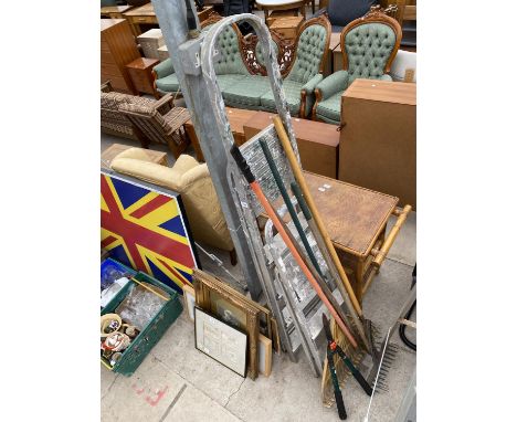 TWO SETS OF ALUMINIUM STEP LADDERS AND GARDEN TOOLS 