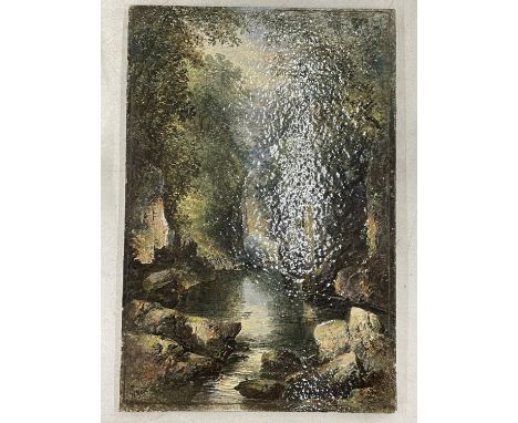 A HAND PAINTED TILE OF THE FAIRY GLEN BETWSY COED NORTH WALES SIGNED W YALE 46CM X 31CM 