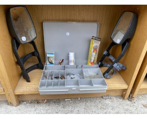 TWO EXTENSION WING MIRRORS AND A FISHING TACKLE BOX WITH LURES 