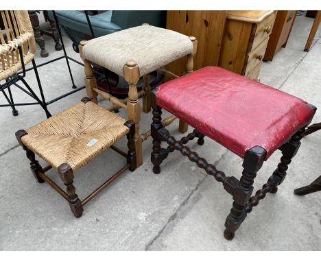 AN OAK STOOL ON BOBBIN LEGS AND STRETCHERS, SIMILAR LIGHT OAK STOOL AND SMALL STOOL 