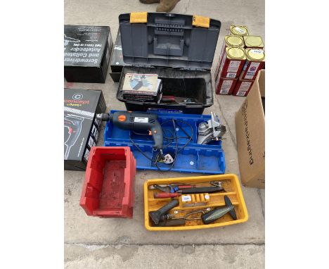 AN ASSORTMENT OF TOOLS TO INCLUDE LIN BINS AND A TRONIC DRILL 