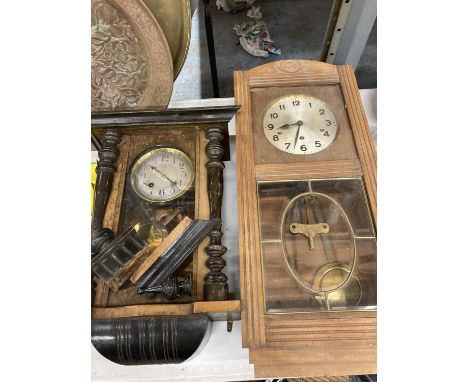 TWO VINTAGE WALL CLOCKS IN WOODEN AND GLASS FRONTED CASES - ONE IN NEED OF RESTORATION 