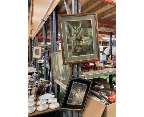 TWO FRAMED PRINTS ONE OF CHILDREN SYAING THEIR PRAYERS WITH AN ANGEL AND ANOTHER OF A GIRL 