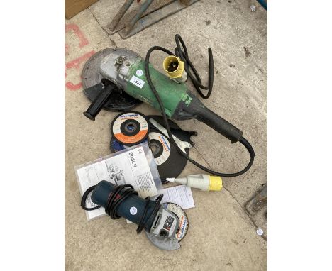 AN HITATCHI ANGLE GRINDER, A BOSCH SMALL GRINDER AND CUTTING DISCS 