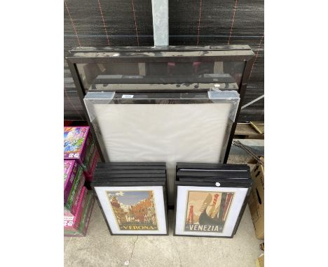 AN ASSORTMENT OF FRAMED PRINTS AND EMPTY PICTURE FRAMES 