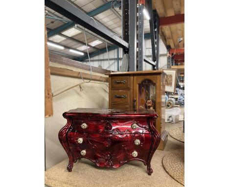 TWO JEWELLERY BOXES WITH DRAWERS TO INCLUDE A CRIMSON VINTAGE STYLE 