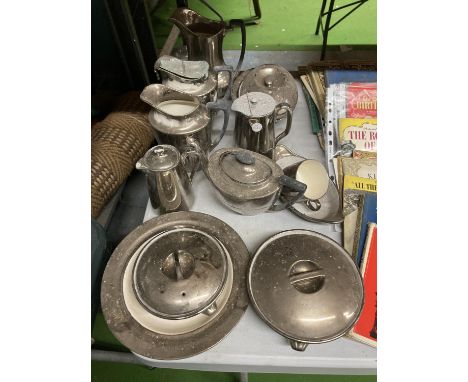 A QUANTITY OF SILVER COLOURED ROYAL WORCESTER TO INCLUDE JUGS, A TEAPOT, SERVING DISHES, ETC 