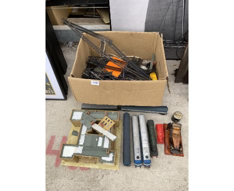 A LARGE ASSORTMENT OF MODEL TRAIN ITEMS TO INCLUDE TRACK AND TRAINS ETC 