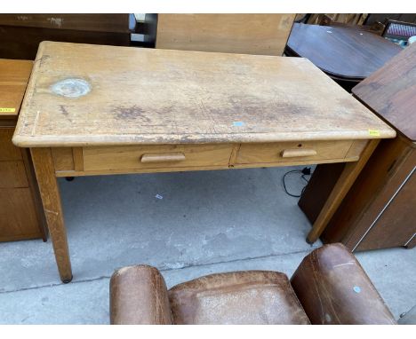 A LIGHT OAK 'ABBESS' OFFICE TABLE WITH TWO DRAWERS, 53X29" 