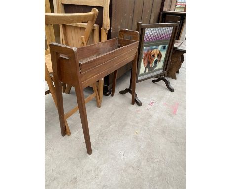 A RETRO TEAK PLANT STAND, 27X8" AND AN OAK FRAMED FIRESCREEN 