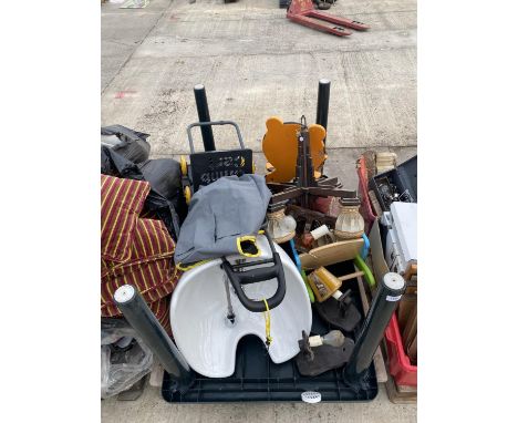 AN ASSORTMENT OF HOUSEHOLD CLEARANCE ITEMS TO INCLUDE LIGHT FITTINGS AND A GARDEN TABLE ETC 