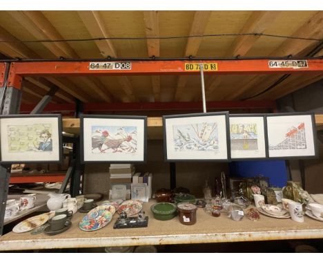 FIVE SIMON DREW SIGNED PRINTS - POULTRY IN MOTION, FRIDGE OVER TROUBLED WATER, SHEEP DIP, BEETHOVEN AT HOME AND THE GOOSE THA