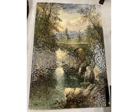 A HAND PAINTED TILE OF THE FAIRY GLEN BETWSY COED NORTH WALES SIGNED W YALE 46CM X 31CM 