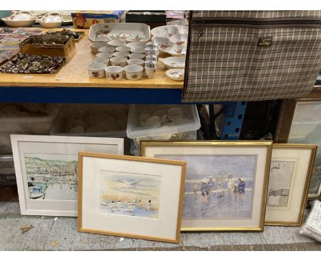 TWO FRAMED WATERCOLOURS - ONE OF TERNS, SIGNED PLUS TWO FRAMED PRINTS OF CHILDREN PADDLING IN THE SEA AND A HARBOUR 