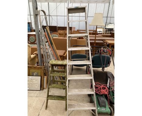A SEVEN RUNG ALUMINIUM STEP LADDER AND A VINTAGE THREE RUNG WOODEN STEP LADDER 