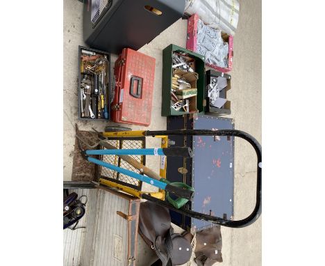 AN ASSORTMENT OF TOOLS TO INCLUDE A SACK TRUCK, SPANNERS AND SCREW DRIVERS ETC 