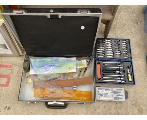 AN ASSORTMENT OF CRAFT EQUIPMENT TO INCLUDE DRAWING TOOLS, CUTTING TOOLS AND MEASURES ETC 