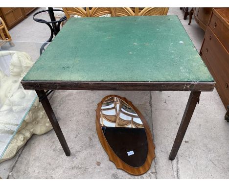 A 1970'S TEAK WALL MIRROR AND FOLDING CARD TABLE 
