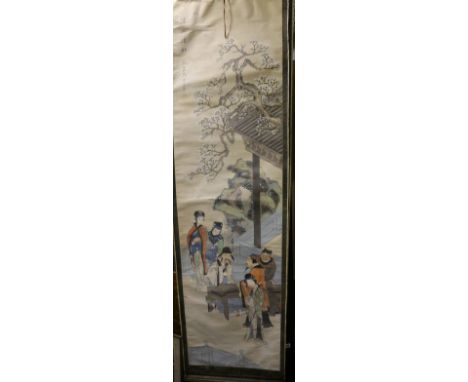 A set of four early 20th century Chinese scroll paintings depicting figures in a pavilion garden setting beneath different fl