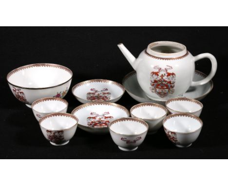 Group of Chinese early 19th century armorial porcelain decorated in famille rose enamels and motto "Ramis Micat Radix" for th