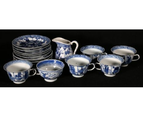 Set of five 19th century Chinese blue and white teacups and saucers decorated with figures and scholarly items and a set of f