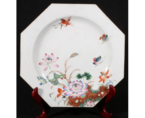 Late 18th century or early 19th century Chinese octagonal dish decorated in famille rose enamels with crane and ducks by wate