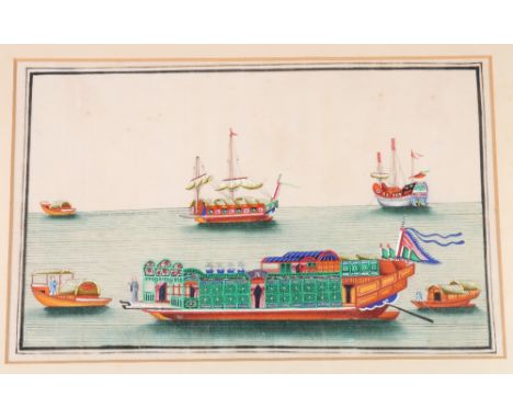 19th century Chinese pith paper painting depicting sailing vessels, framed and glazed, 20cm x 33cm. CONDITION REPORT: Frame i