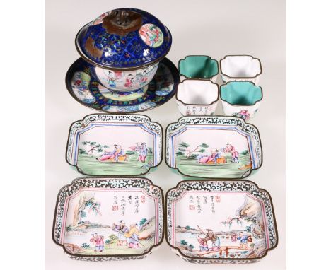 Two pairs of 19th century Chinese enamelled miniature tea bowls and dishes of lobed square shaped, each with painted figures 