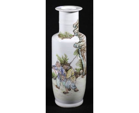 20th century Chinese mallet shaped vase decorated with two fishermen, calligraphy verso, 30.5cm