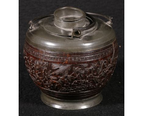 Chinese 19th century pewter mounted coconut teapot, finely carved with a landscape scene, 11cm.