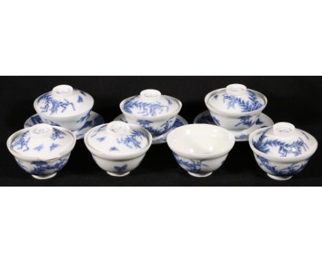 Set of six Chinese blue and white tea bowls and lids, two with saucers and another similiar tea bowl and saucer decorated wit