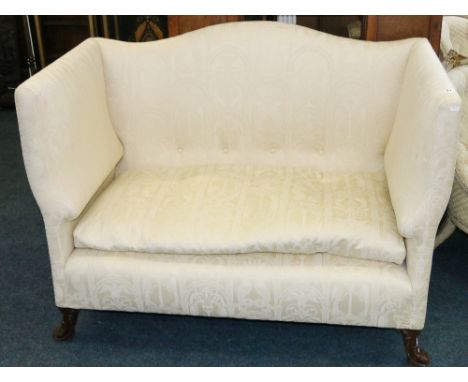 19th century high back two seater sofa resting on whorl supports.