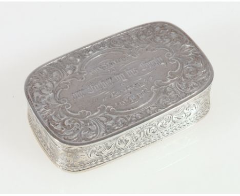 Silver snuff box of rounded rectangular shape with waisted sides and engraved cover, apparently unmarked, '1872', 8cm.